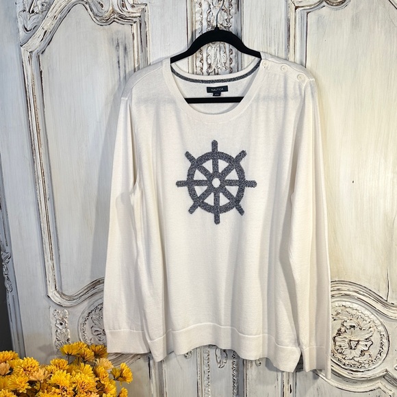 Nautical Cream Sweater with Navy Nautical  Wheel Design - Picture 1 of 10